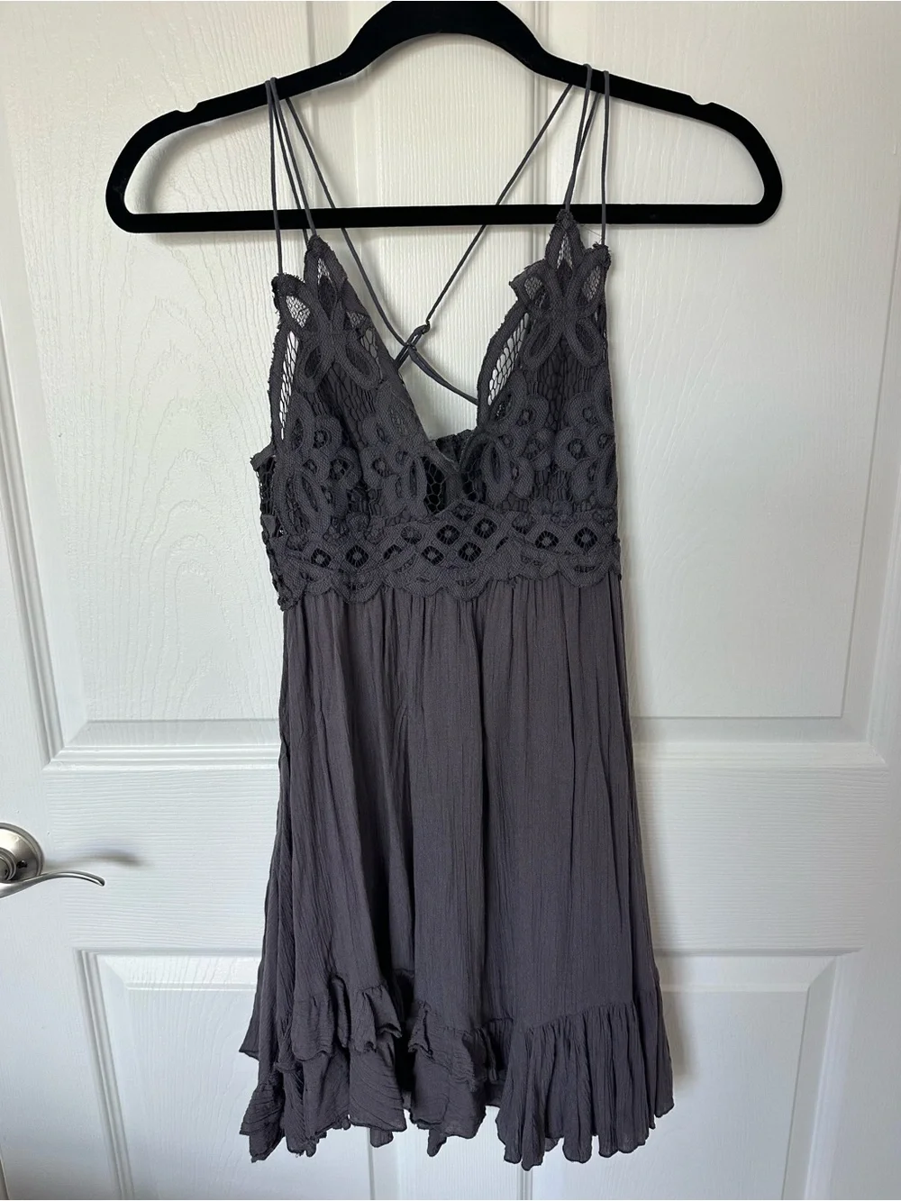 Free People Charcoal Crochet Lace Chemise in Dark Gray